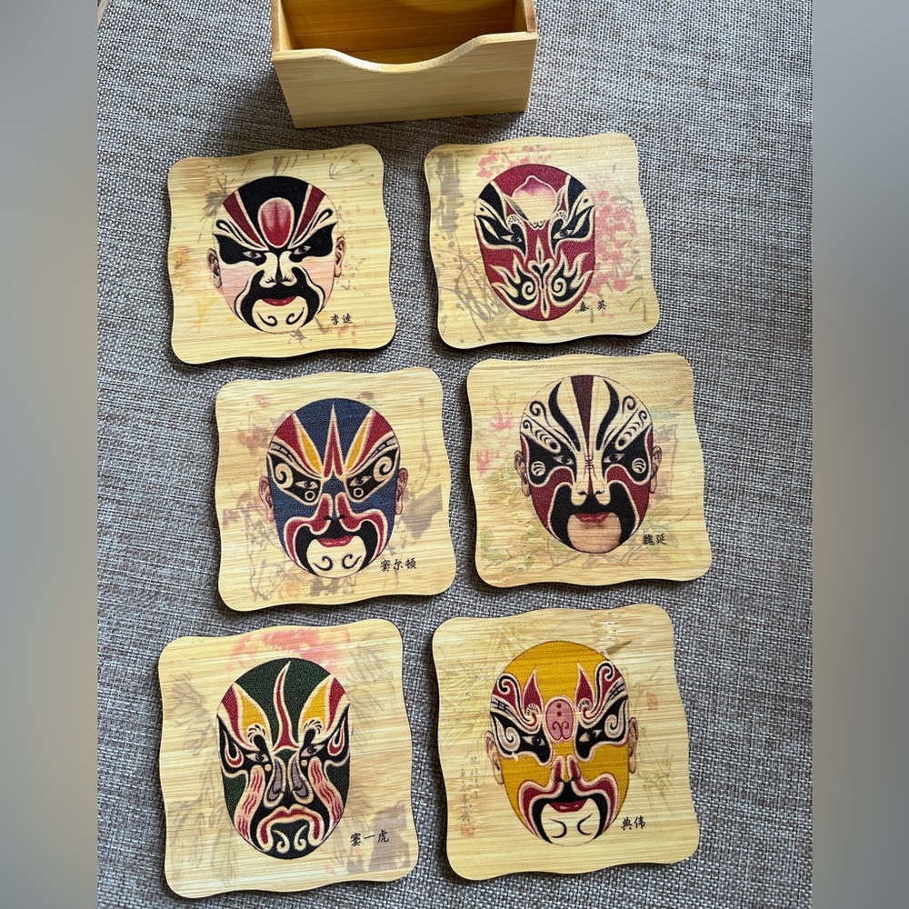 Bamboo Coasters with Japanese masks